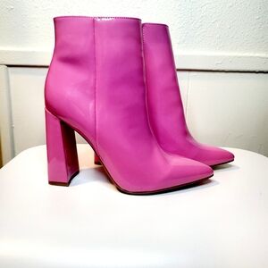 Patent Leather Pointed Toe Pink Block Heel Ankle Boots Women Shoes